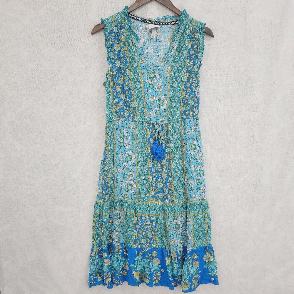 Knox Rose V neck Ruffle Sleeveless Floral Fit & Flare Midi Dress L 7993P